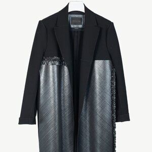 Marie Saint Pierre Black & Metallic Blue Ruffle Ponte Open-Front Coat